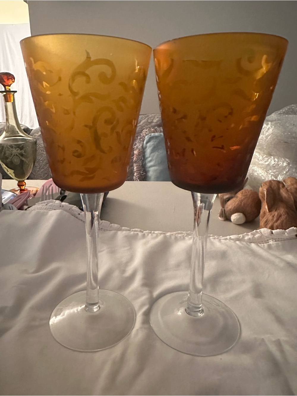 Amber Etched Glass Wine Goblets with Clear Stems - Set of 2